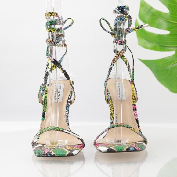 Steve Madden Womens Uplift Sandal Size 7.5 Multicolor Snake Strappy Ankle Wrap - Picture 3 of 13